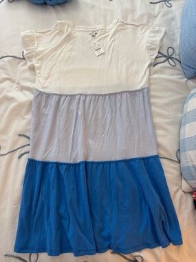 J. Crew White, Light Blue and Royal Blue Colorblock Tiered Dress